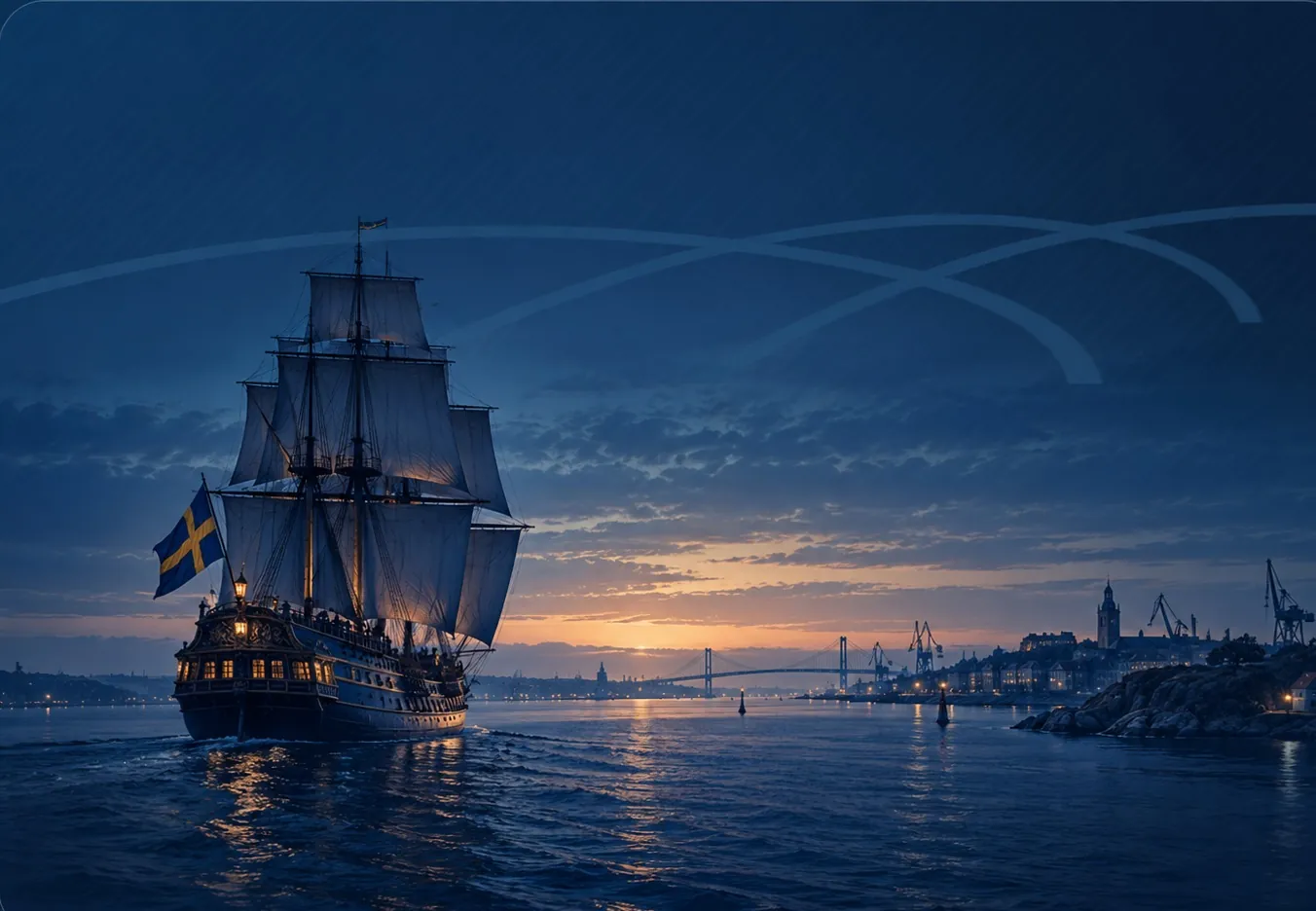 Historic sailing ship approaching the Gothenburg coast at dusk
